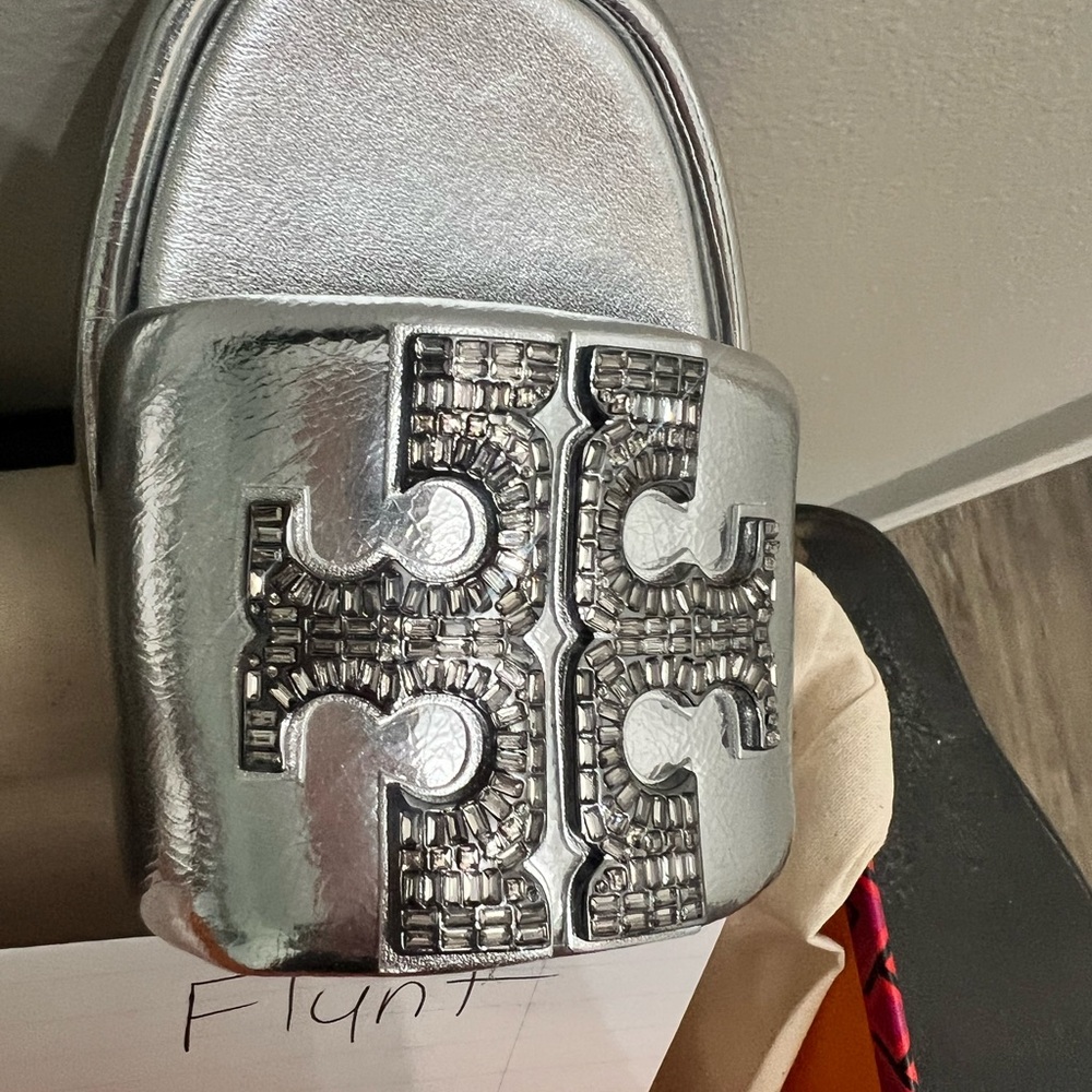 Tory Burch Crystal Double T slide Metallic Silver Sandals - Picture 2 of 9